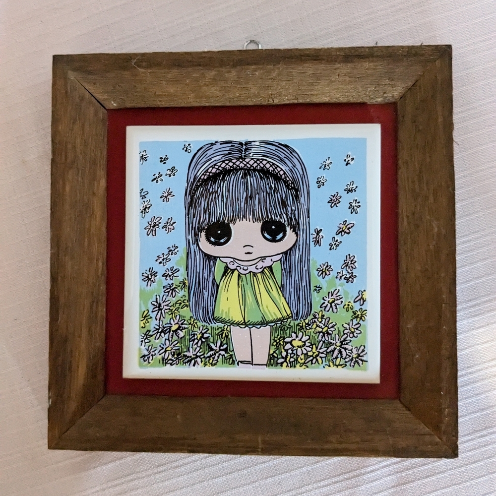 VTG Girl with Big Eyes tile art wall hanging or  shelf sitter